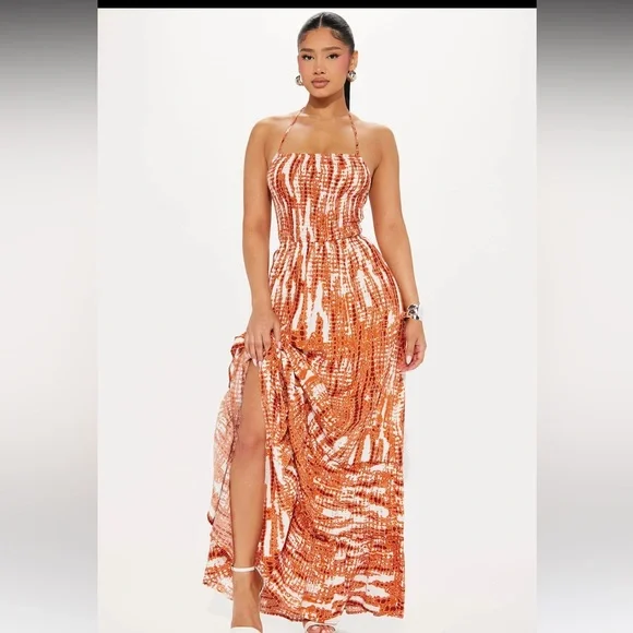 🧡NOVA CURVES CHALLIS MAXI WITH SMOCKED HALTER TOP & OPEN BACK WITH TASSLE TIES - Picture 4 of 6